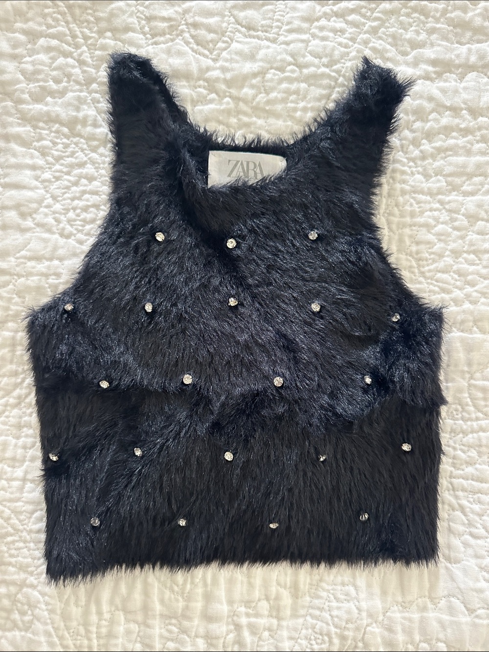 Zara Black Faux Fur Crystal-Studded Top 8-9